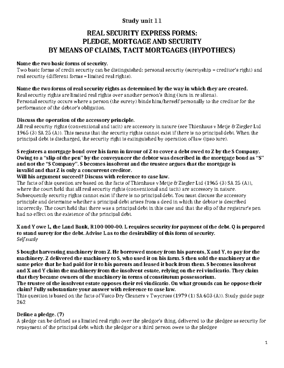 Study Guide Notes PVL3701: Unit 11 - Real Security Forms and Principles ...