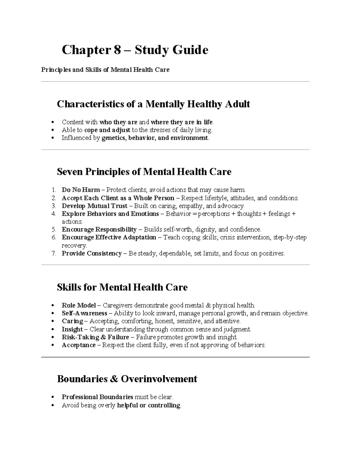 Chapter 8 Study Guide: Principles & Skills in Mental Health Care - Studocu
