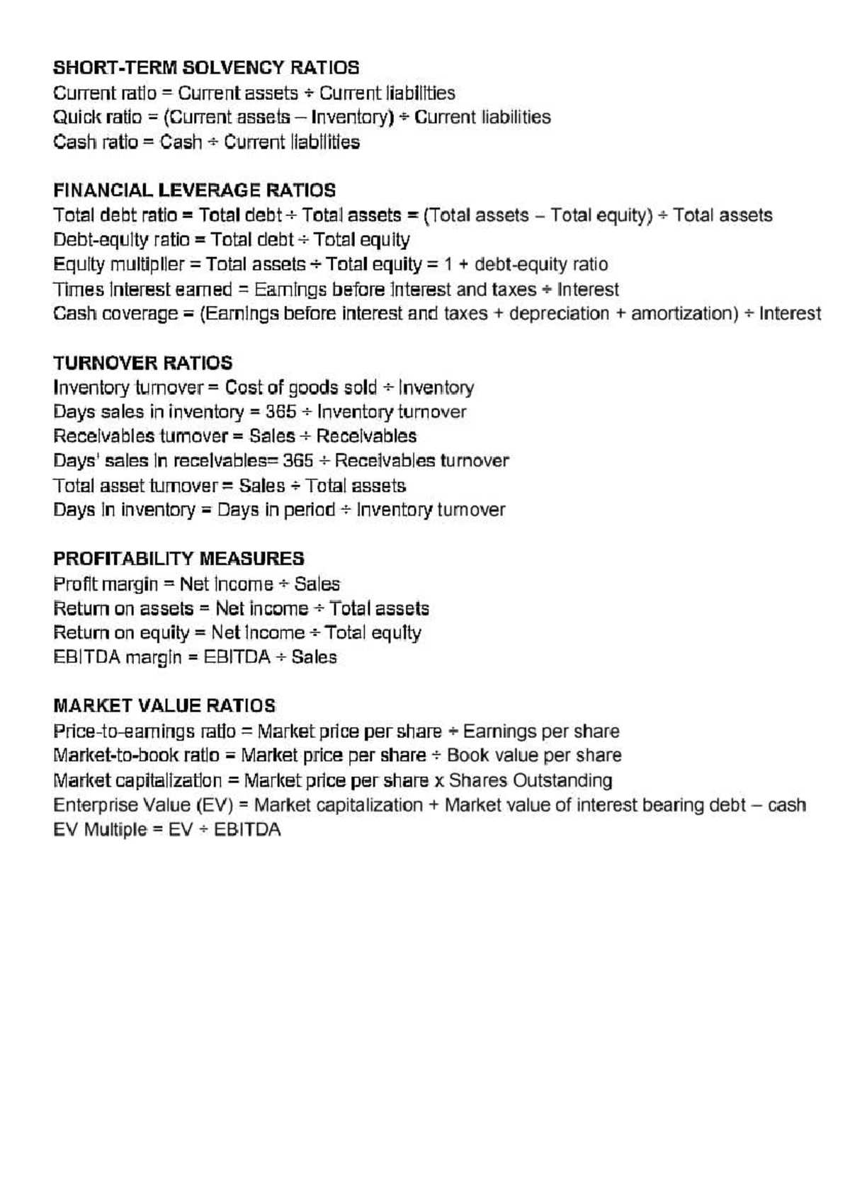 Financial Ratios Formula Sheet (FIN 101) - Studocu