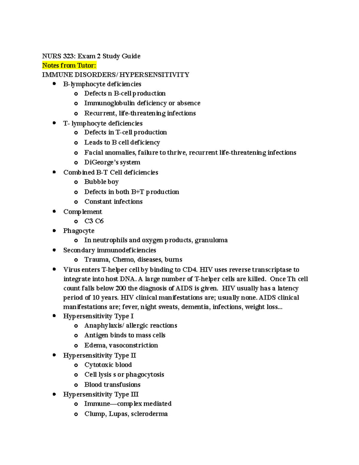 NURS 323 Exam 2 Study Guide on Immune Disorders and Diabetes - Studocu