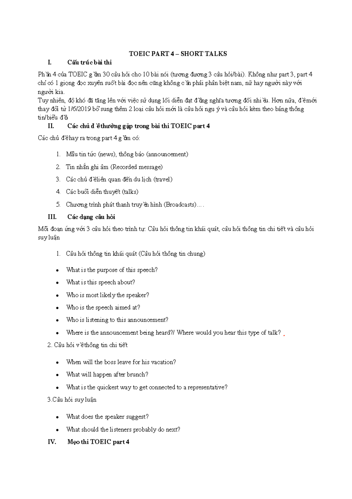 TOEIC Part 4: Strategies and Common Topics for Short Talks - Studocu