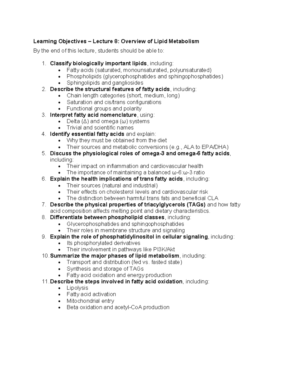 Lecture 8: Learning Objectives on Lipid Metabolism Overview - Studocu