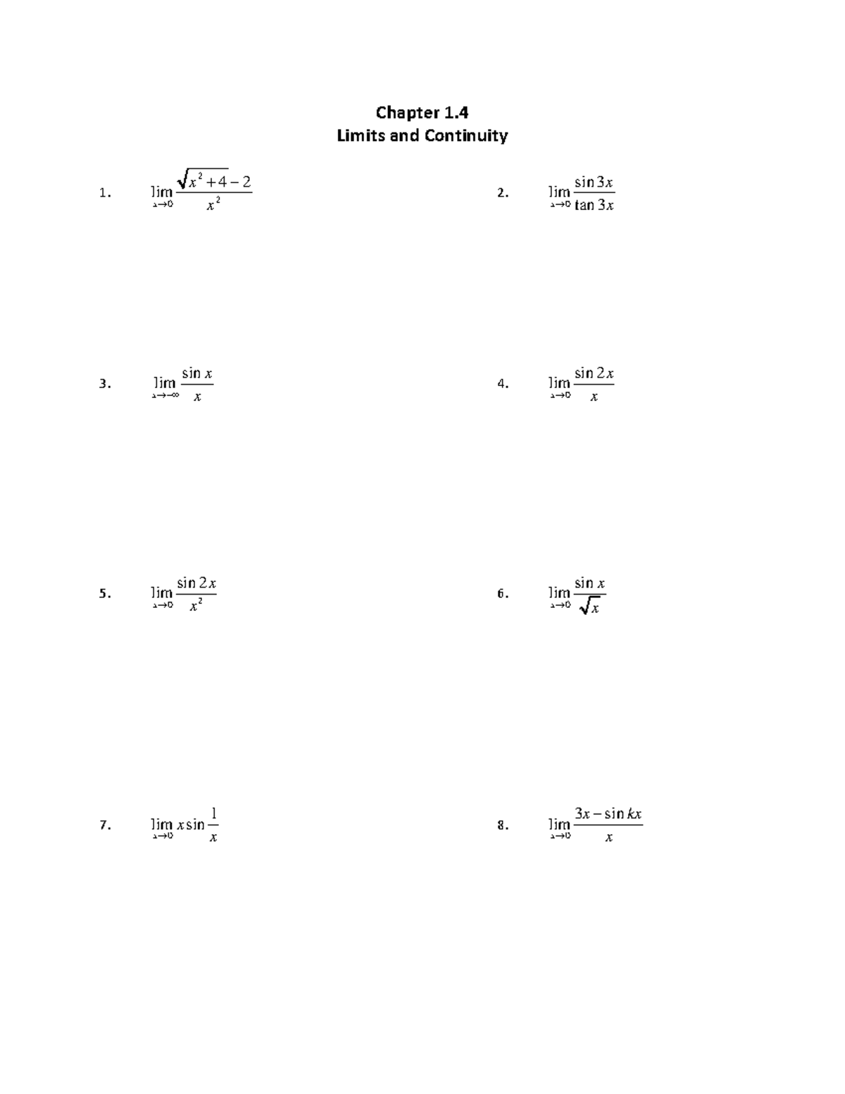 Chapter 1.4 Limit and continuity - Chapter 1. Limits and Continuity 1 ...