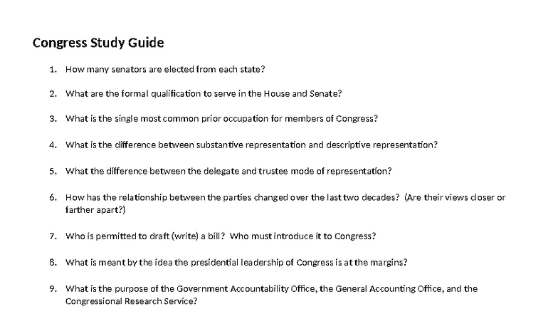 Congress Study Guide: Key Concepts & Questions - Studocu