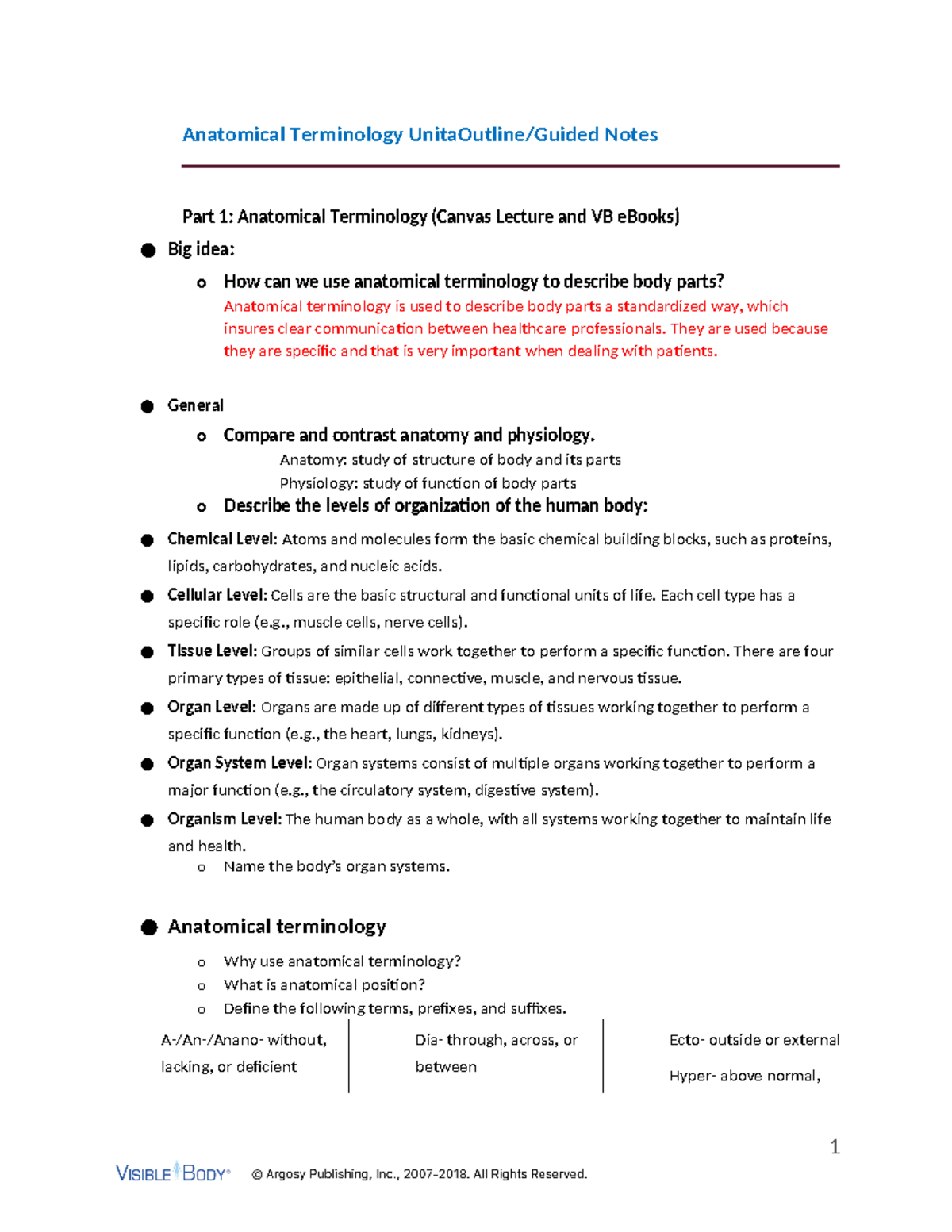 A&P CH. 1 Study Guide - Anatomical Terminology UnitaOutline/Guided ...