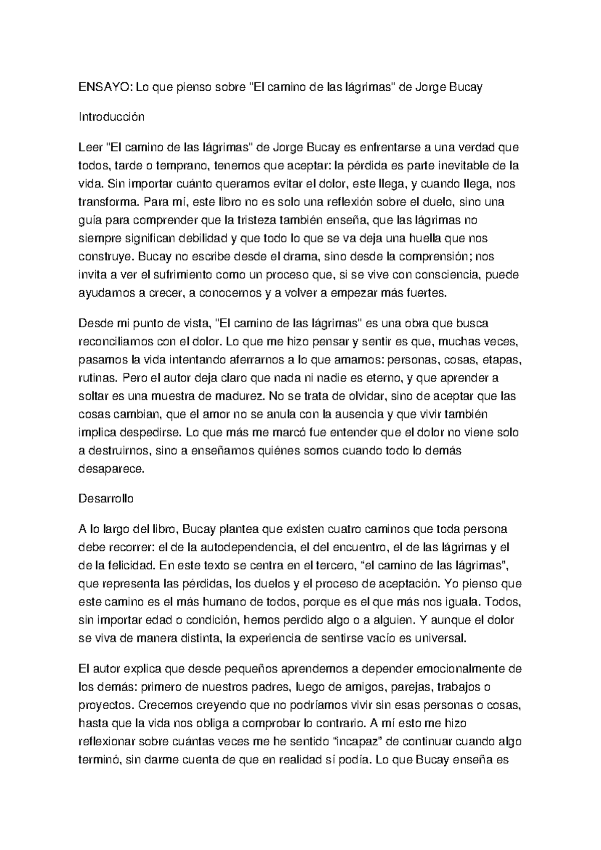 ENSAYO: Reflexiones sobre "El Camino de las Lagrimas" de Bucay - Document Preview
