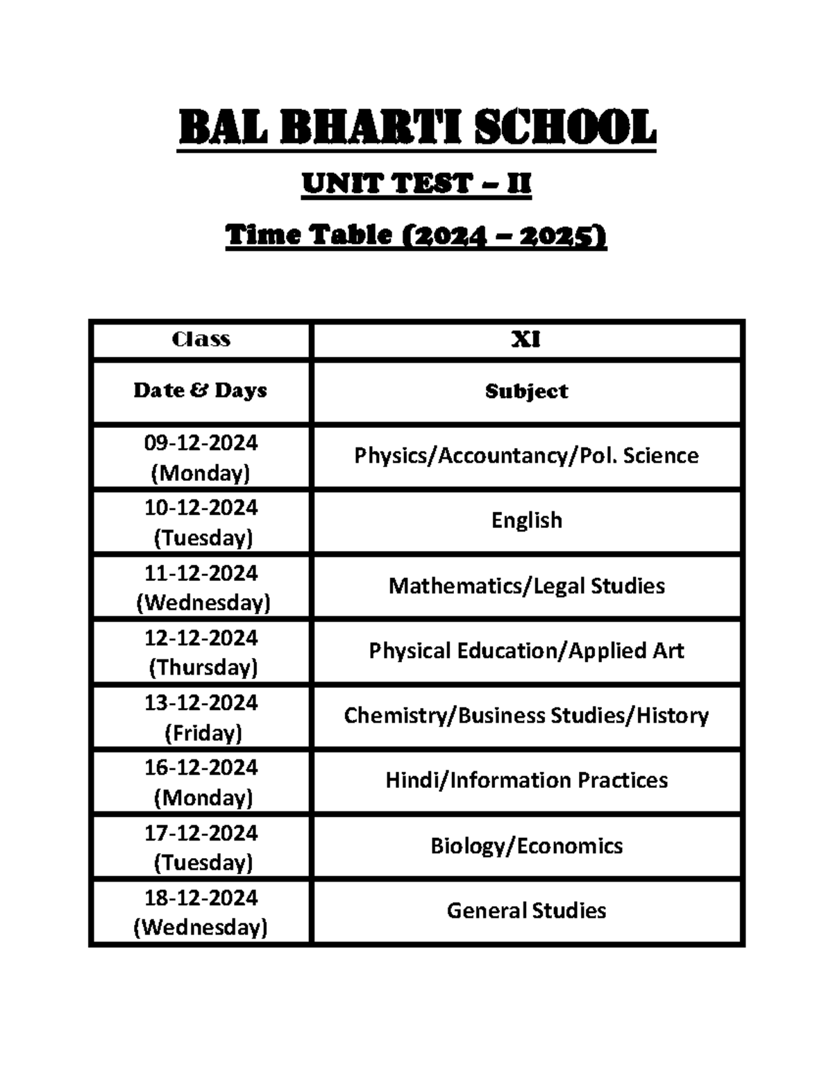 11th Unit Test - II Time Table 2024-25 - Bal Bharti School UNIT TEST ...