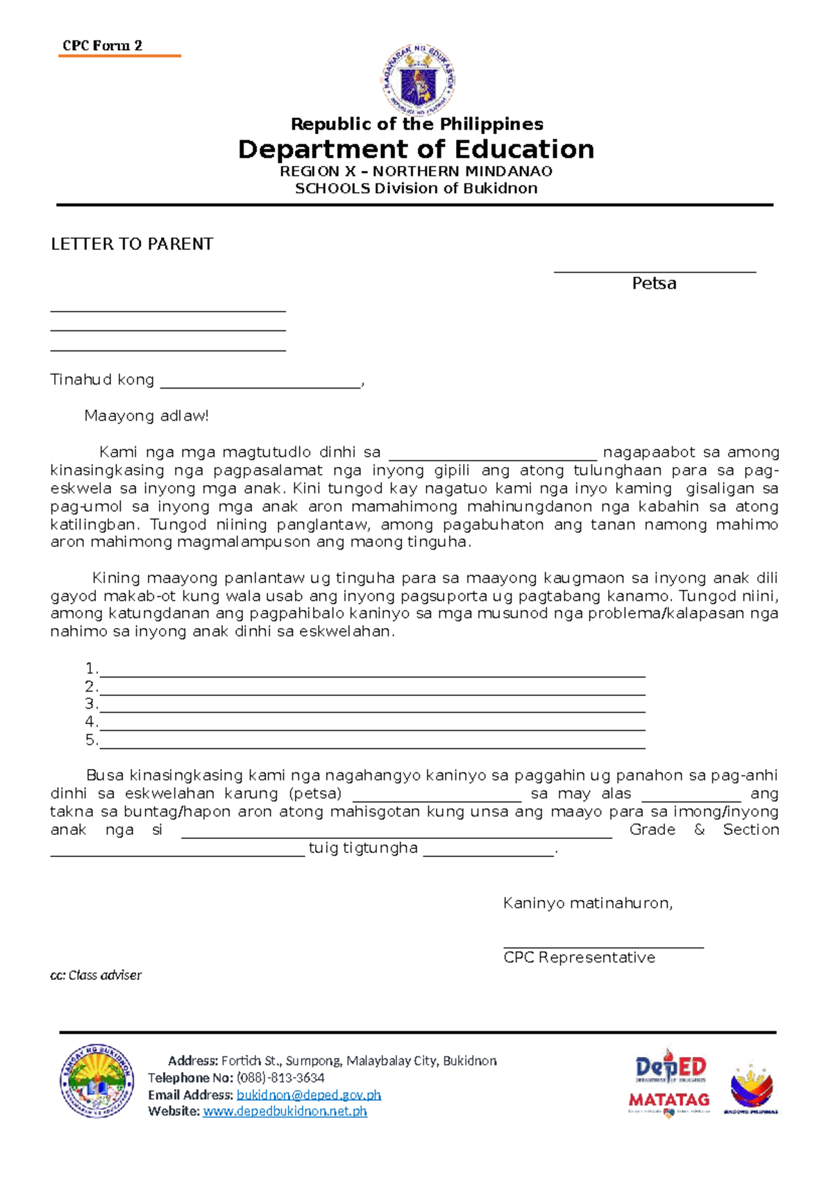 CPC Form 2: Letter to Parents from Bukidnon Schools - Studocu
