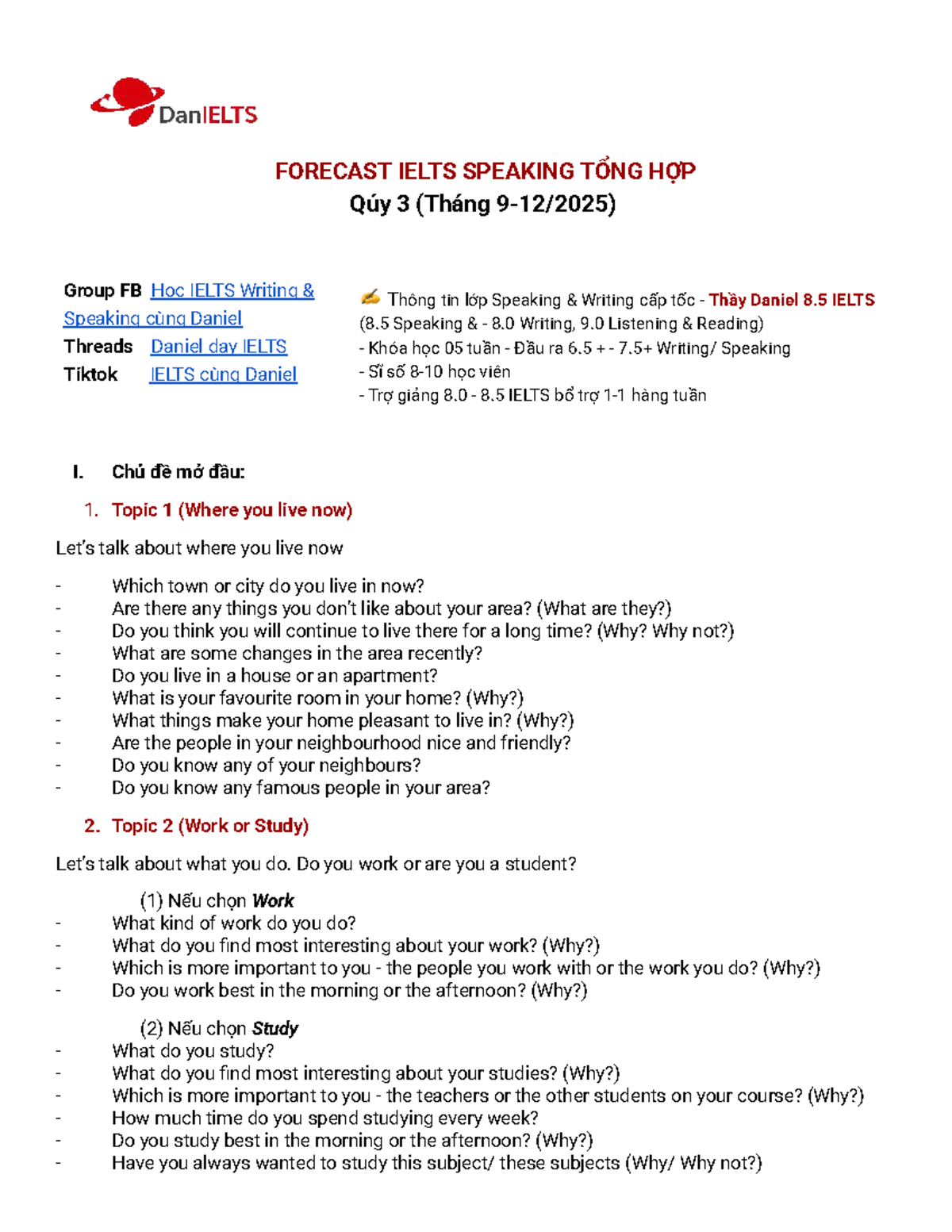 IELTS SPEAKING FORECAST Qúy 3 2025 cùng Daniel - Studocu