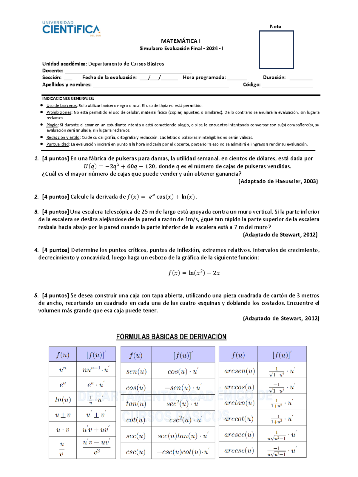 Simulacro Evaluación Final Matemática I - 2024 - Document Preview