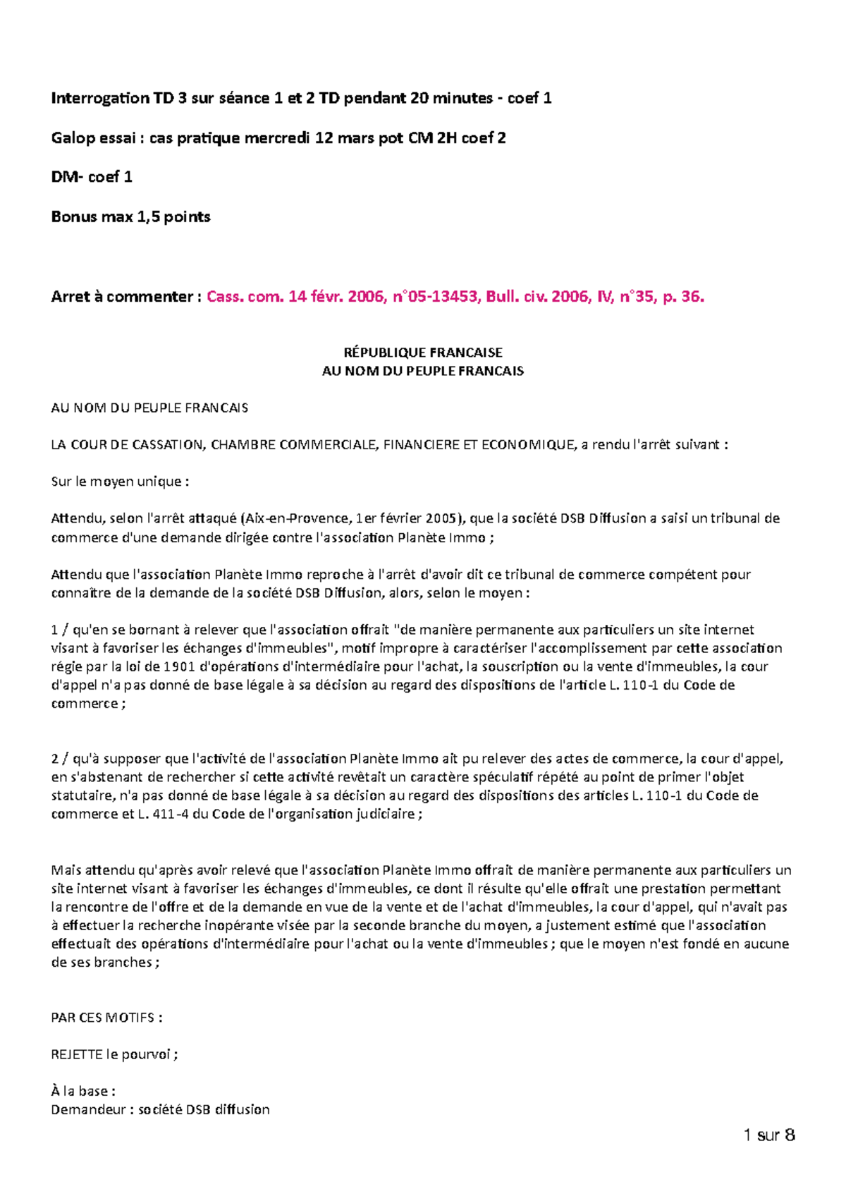 TD Droit des Affaires Interrogation sur Arrêt Cass Com 14 févr TD Droit des Affaires Interrogation sur Arrêt Cass Com 14 févr