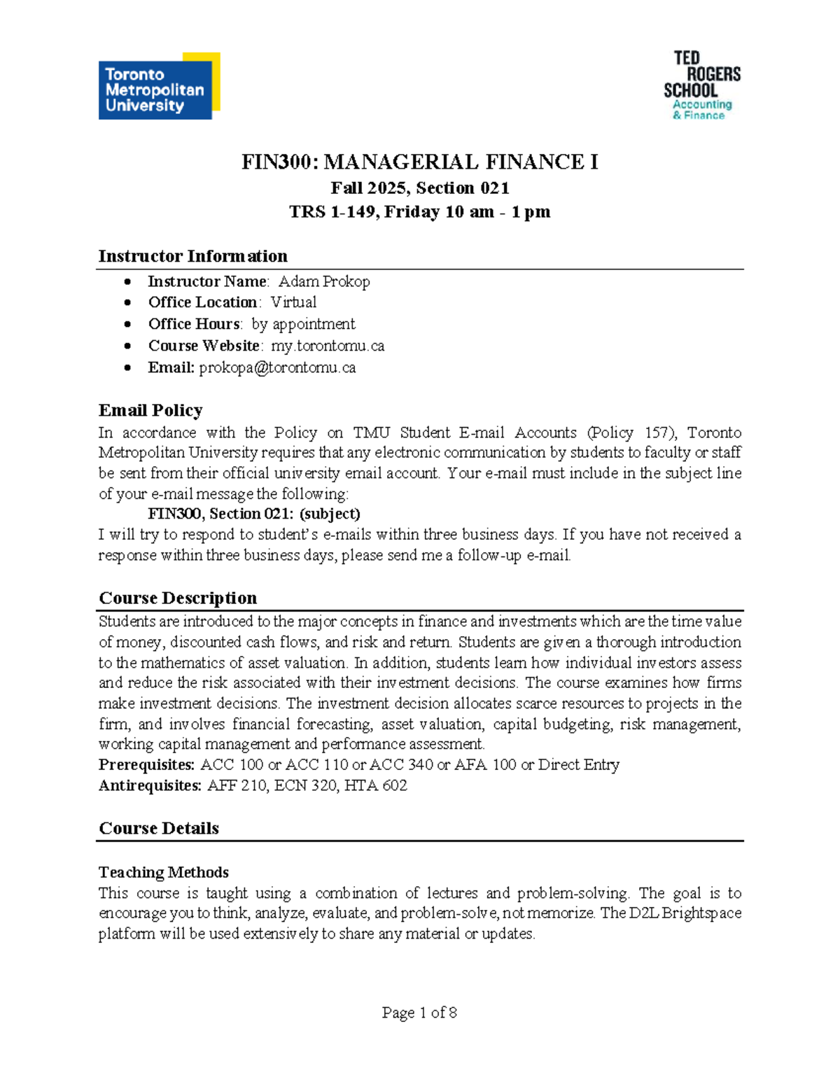 FIN300: Managerial Finance I Course Outline - Fall 2025 - Studocu