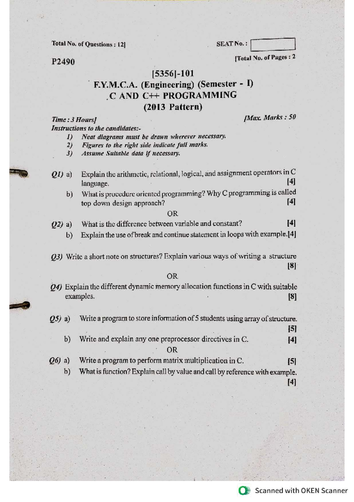 F.Y.M.C.A. (Engineering) OBJECT ORIENTED PROGRAMMING PYQ (2019 & 2020 ...
