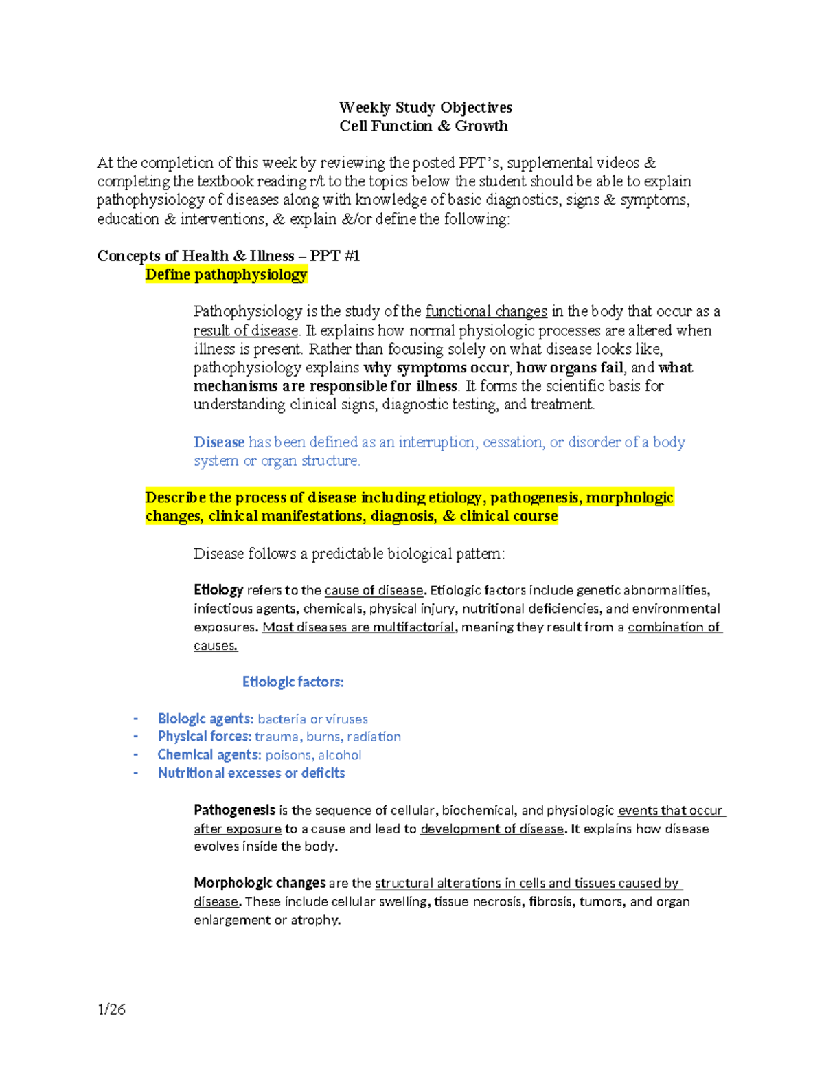 Week 1 Objectives - Study Guide on Cell Function & Growth - Studocu