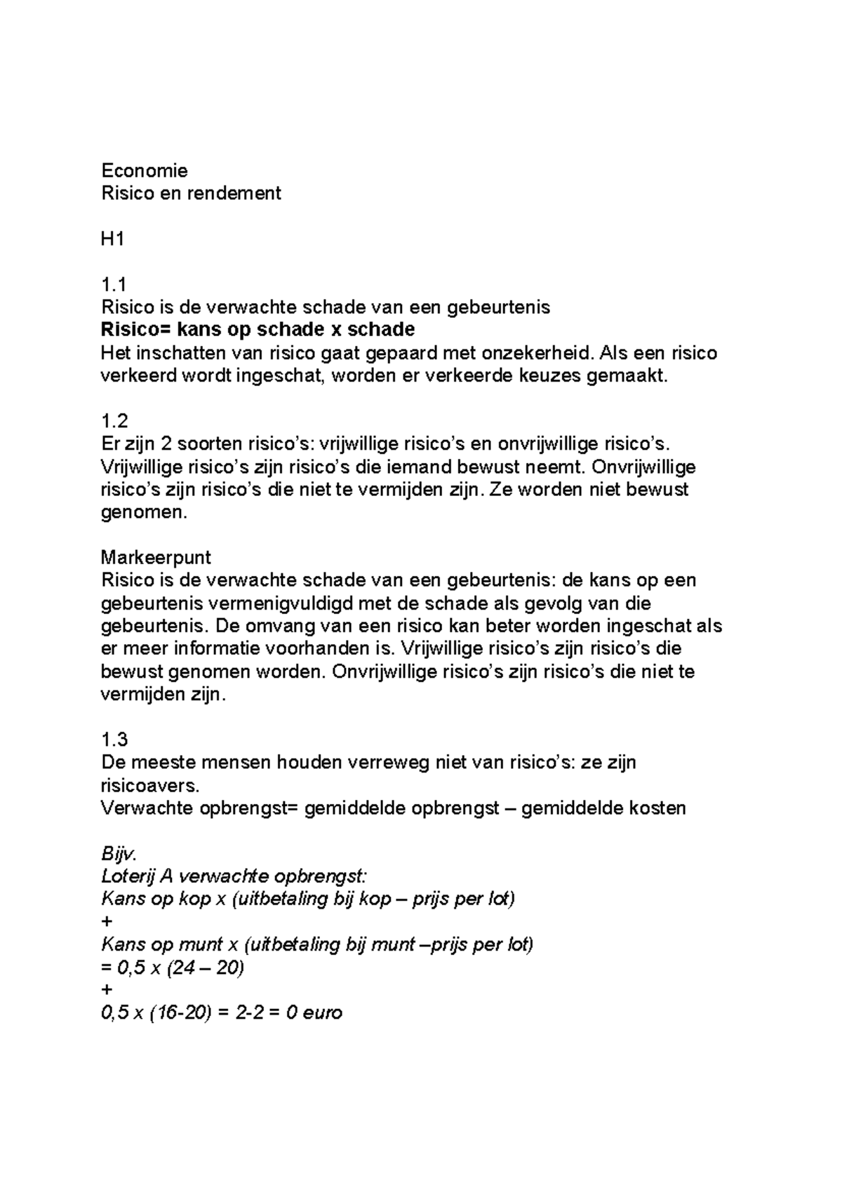 Economie Notities H1-H4: Risico, Rendement en Verzekeringen - Studeersnel