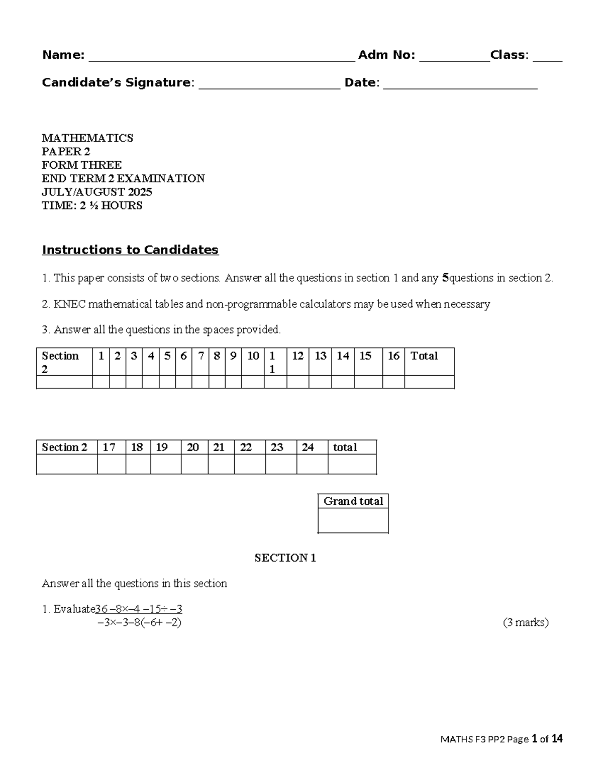 F3 Mathematics Paper 2 End Term 2 Exam Questions 2025 - Studocu