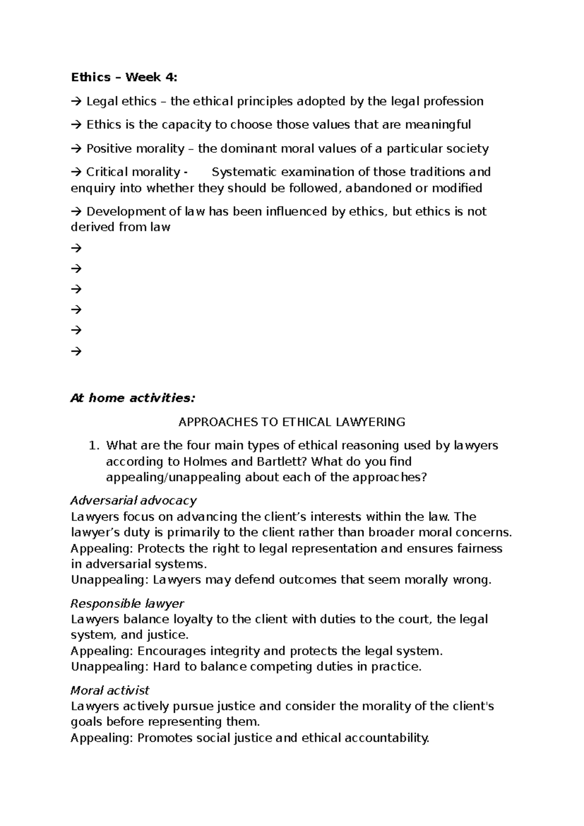 Ethics Week 4: Legal Ethics and Approaches to Ethical Lawyering - Studocu
