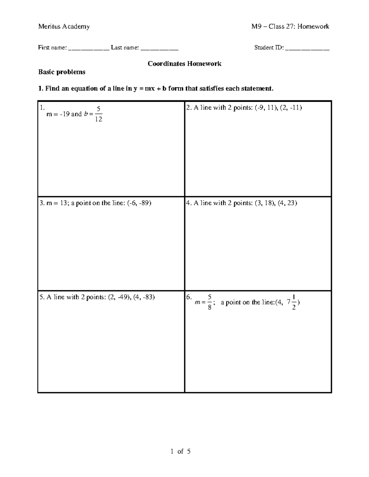 Class 27 M9 Homework: Line Equations and Geometry Problems - Studocu