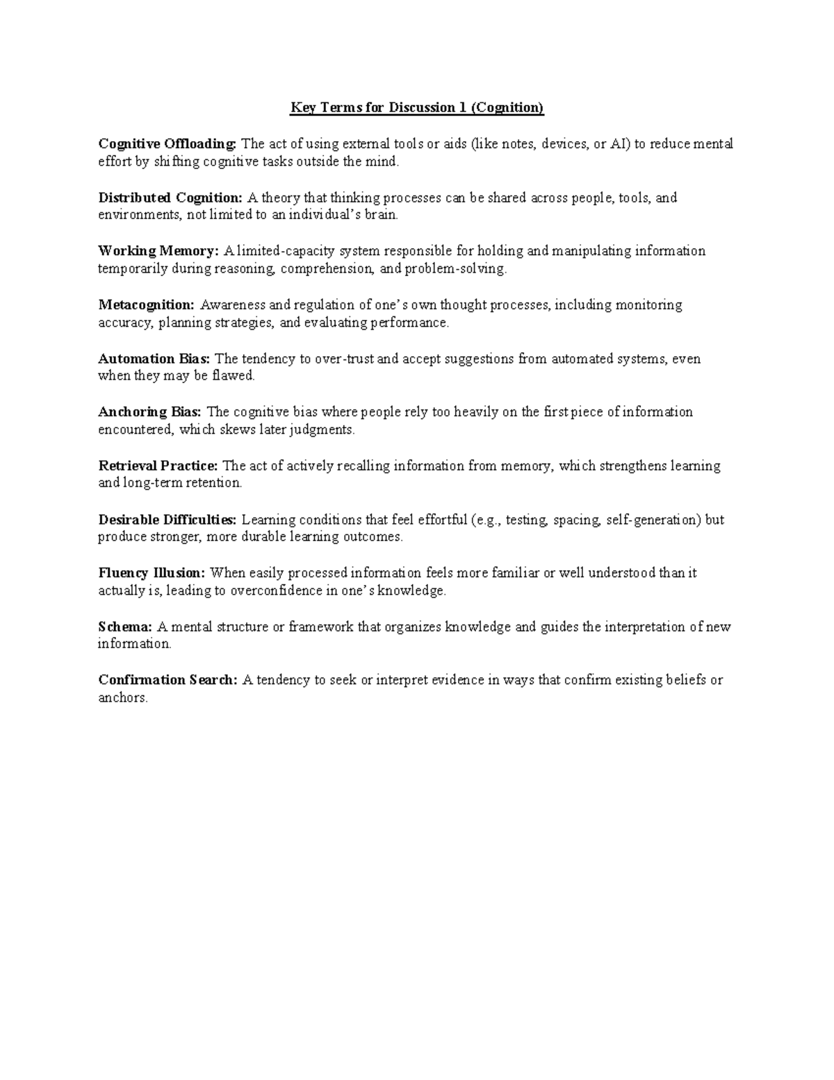 Key Terms for Discussion 1 (PSYC100): Cognition Concepts Explained ...