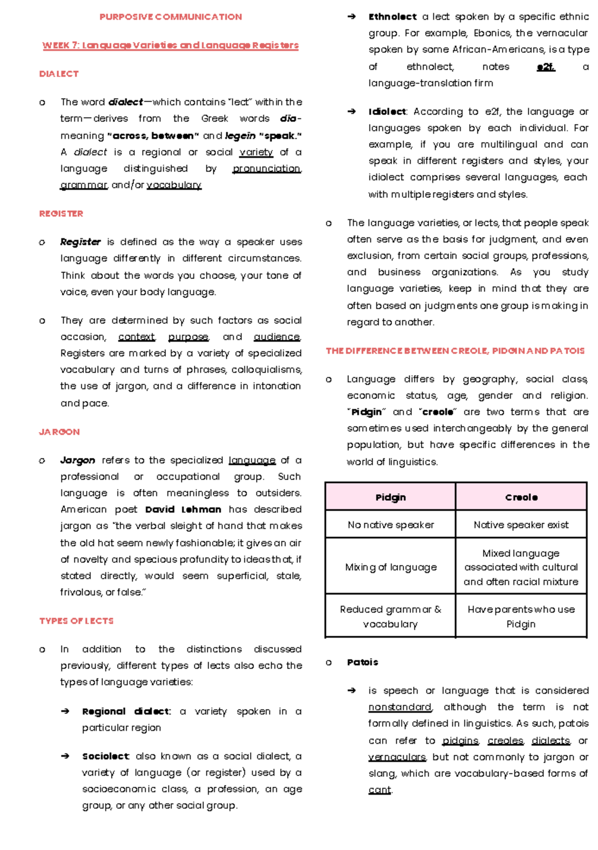 PURC Midterm Notes - Language Varieties & Registers in Communication ...