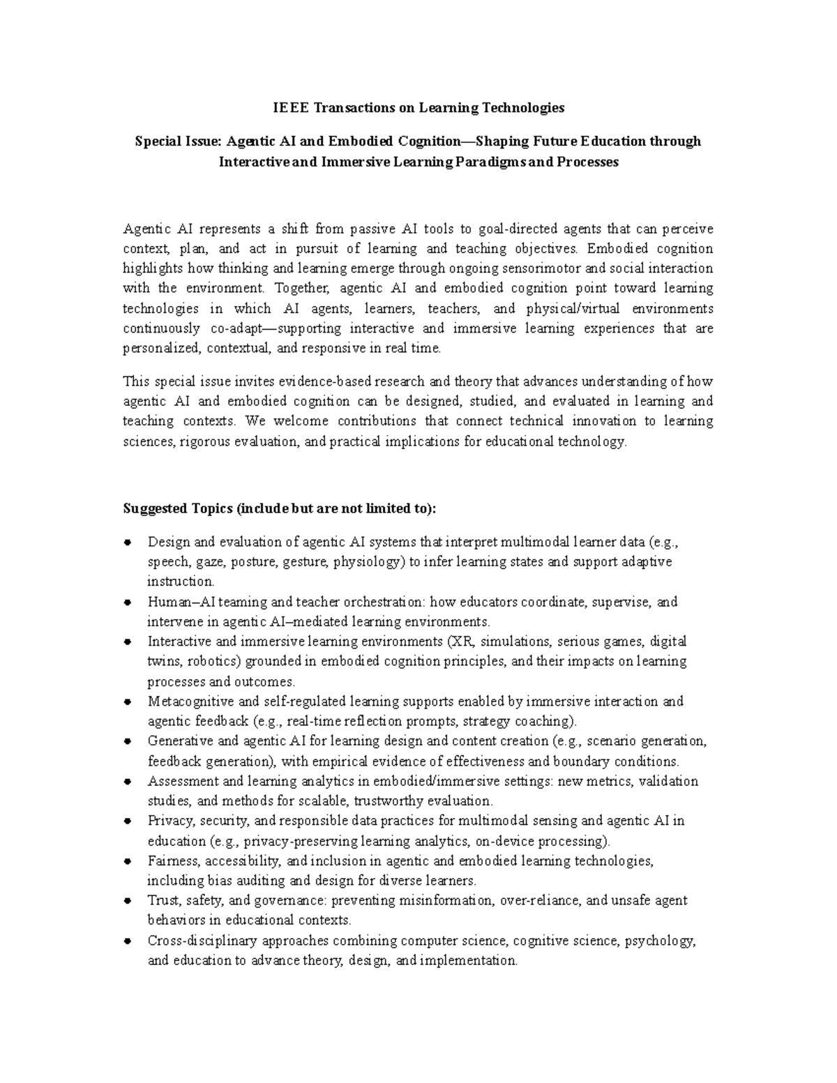 Call for Papers: TLT Special Issue on Agentic AI & Embodied Cognition ...