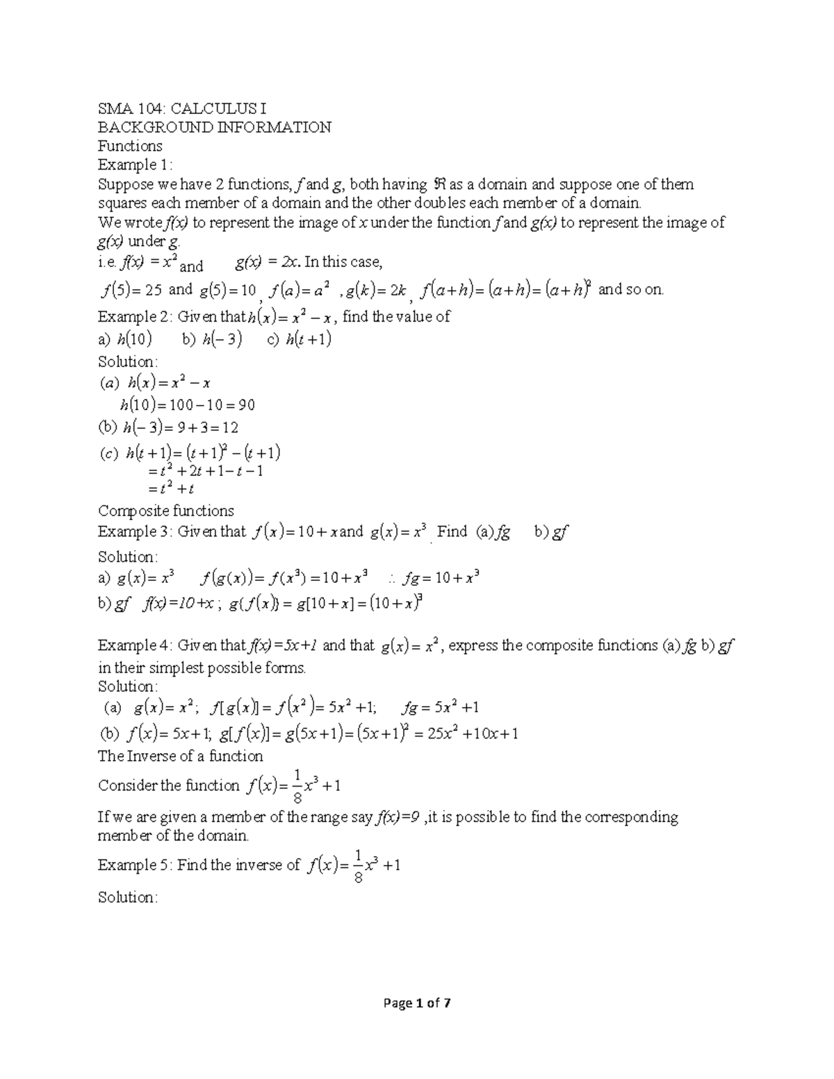 SMA 104: Calculus I Lesson 1 & 2 - Functions and Inverses - Studocu
