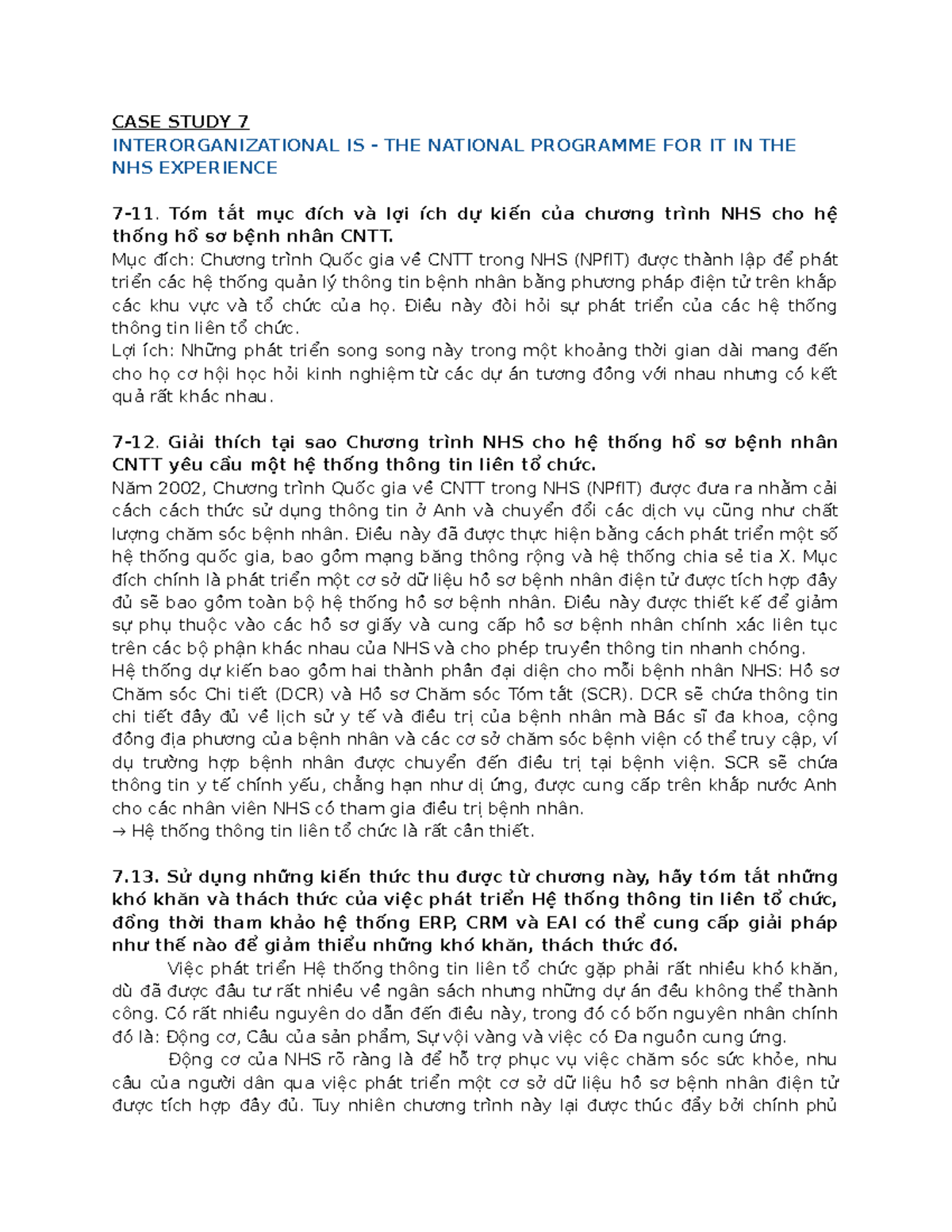 CASE Study 7 - Interorganizational IS in NHS NPfIT Challenges - Studocu