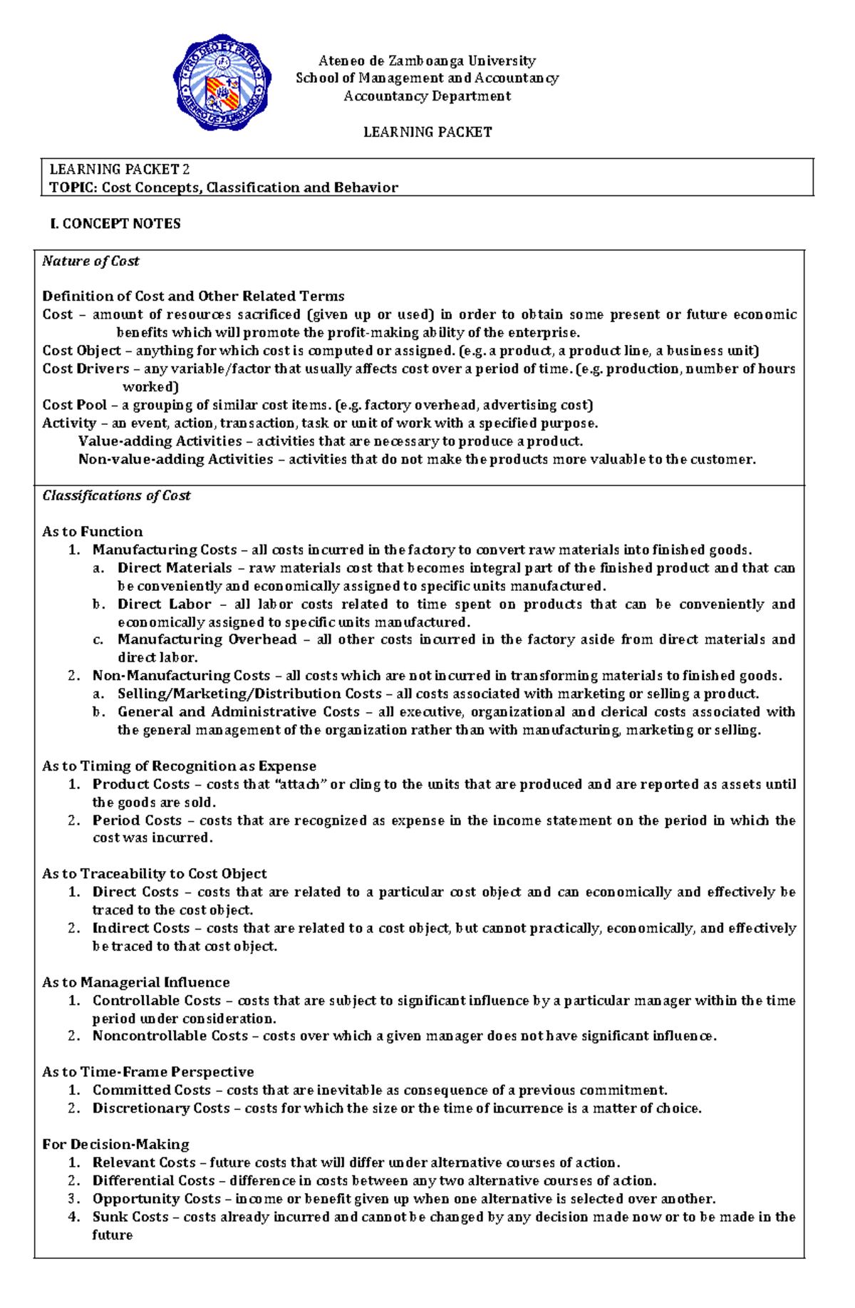 L2 - COSMAN: Cost Concepts and Behavior Learning Packet 2 - Studocu