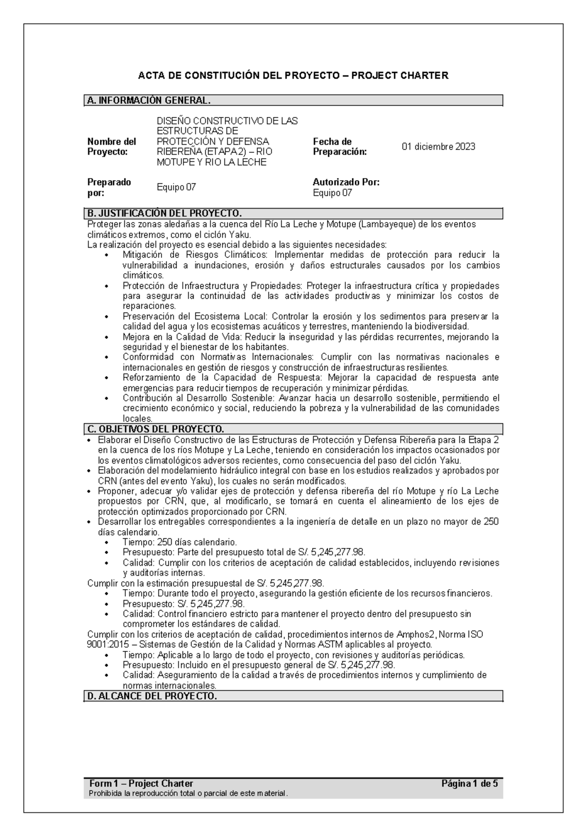 Anexo 1 - Form 1 Charter del Proyecto - ACTA DE CONSTITUCIÓN DEL ...