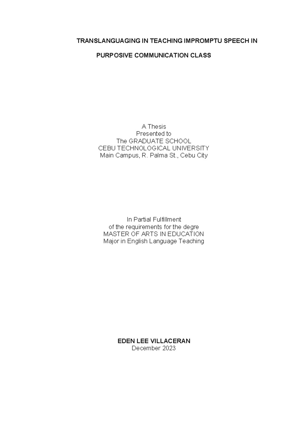 Translanguaging in Impromptu Speech: A Purposive Comm Class Study - Document Preview