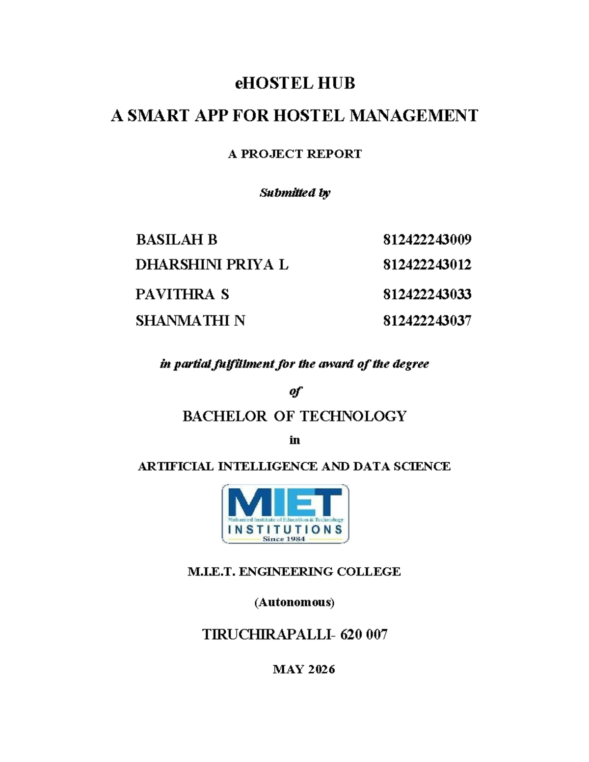 Smart Hostel Management System: Project Report for B.Tech in AI & DS ...