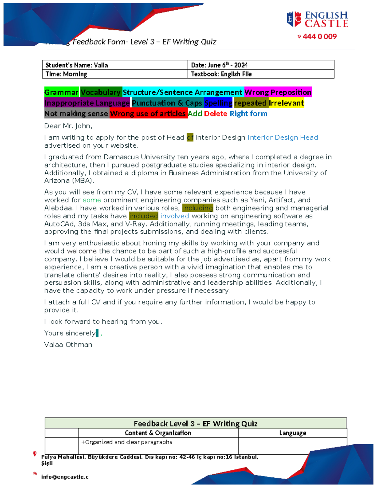EF Writing Quiz Level 3: Application Essay by Valaa Othman - Studocu
