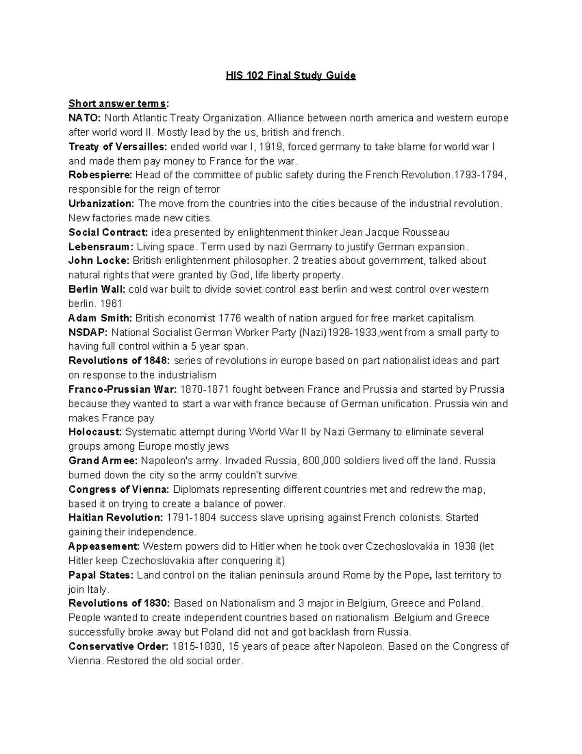 Western civ final study guide - HIS 102 Final Study Guide Short answer ...