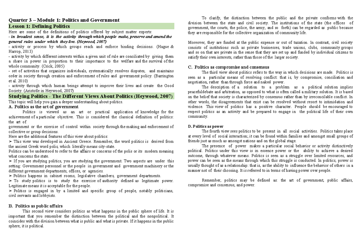 Polgov - Lecture Notes - Q3: Politics, Government, and Power - Studocu