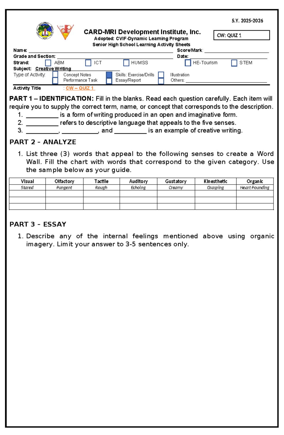 CW: QUIZ 1 - Creative Writing Concept Notes and Activities - Studocu