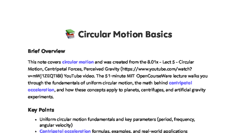 8.01x - Lect 5 - Overview of Circular Motion & Centripetal Forces - Studocu