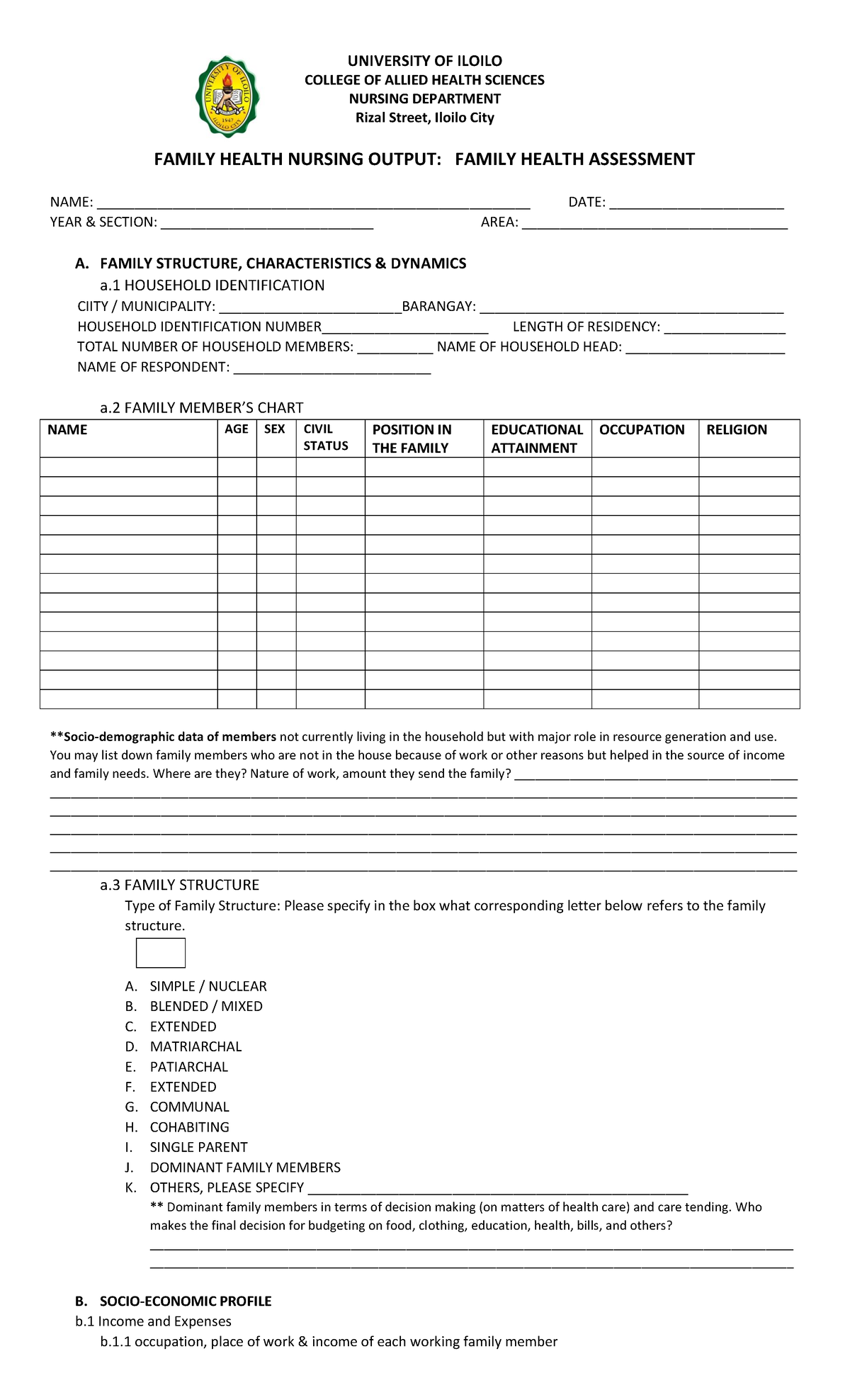 Family Health Nursing Assessment Form (NURS 101) - Studocu