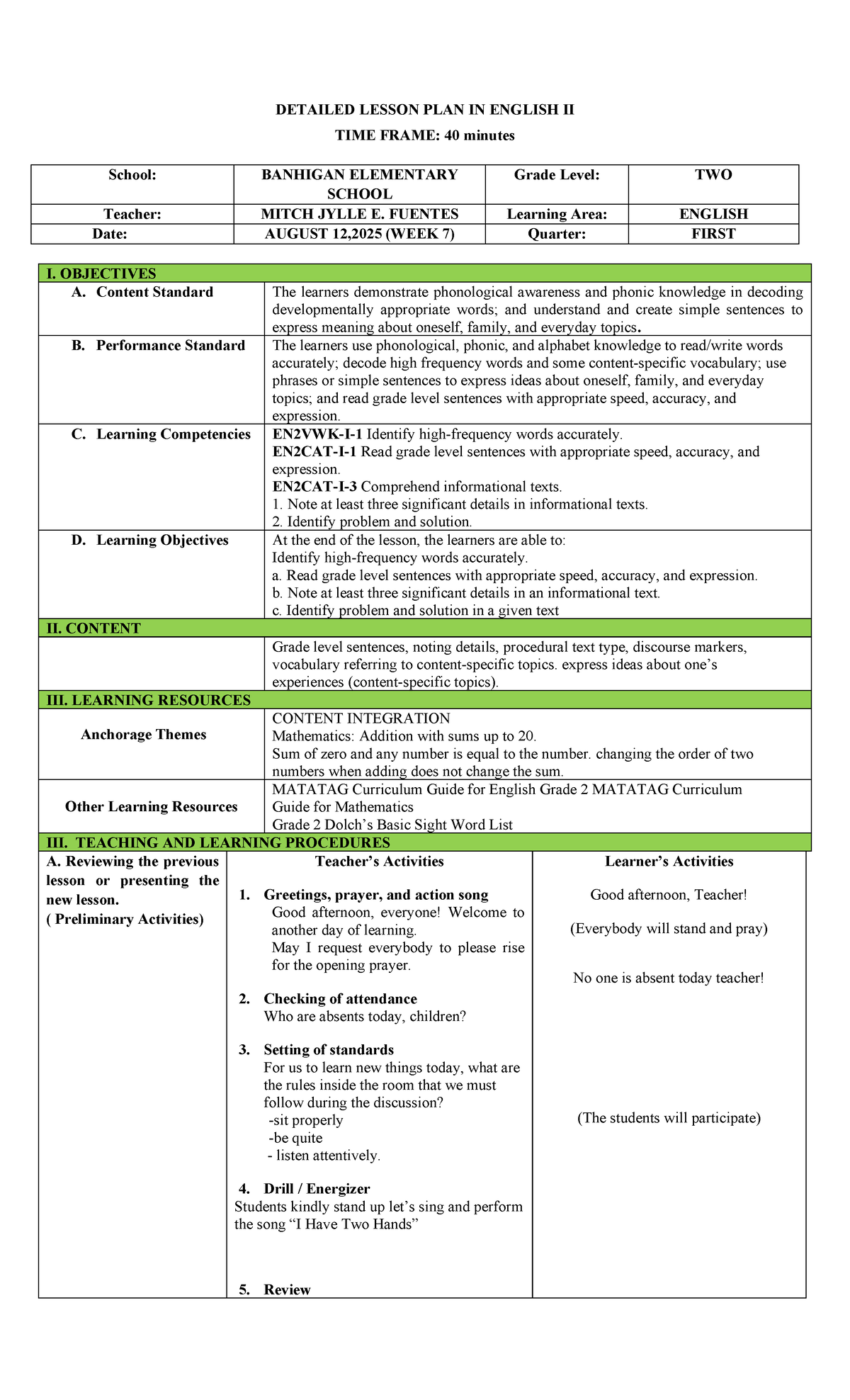 Detailed Lesson Plan for English II (Grade 2) - Week 7 - Studocu