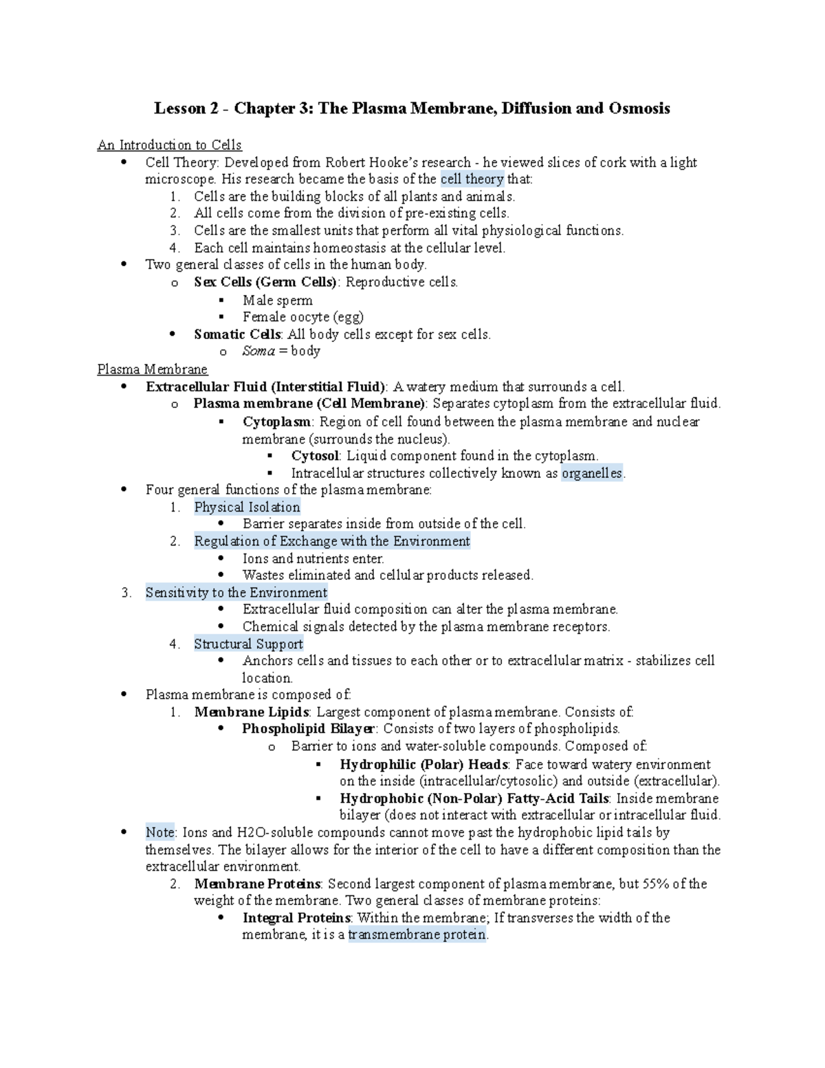 BSC2085 Lesson 2: The Plasma Membrane, Diffusion & Osmosis Overview ...