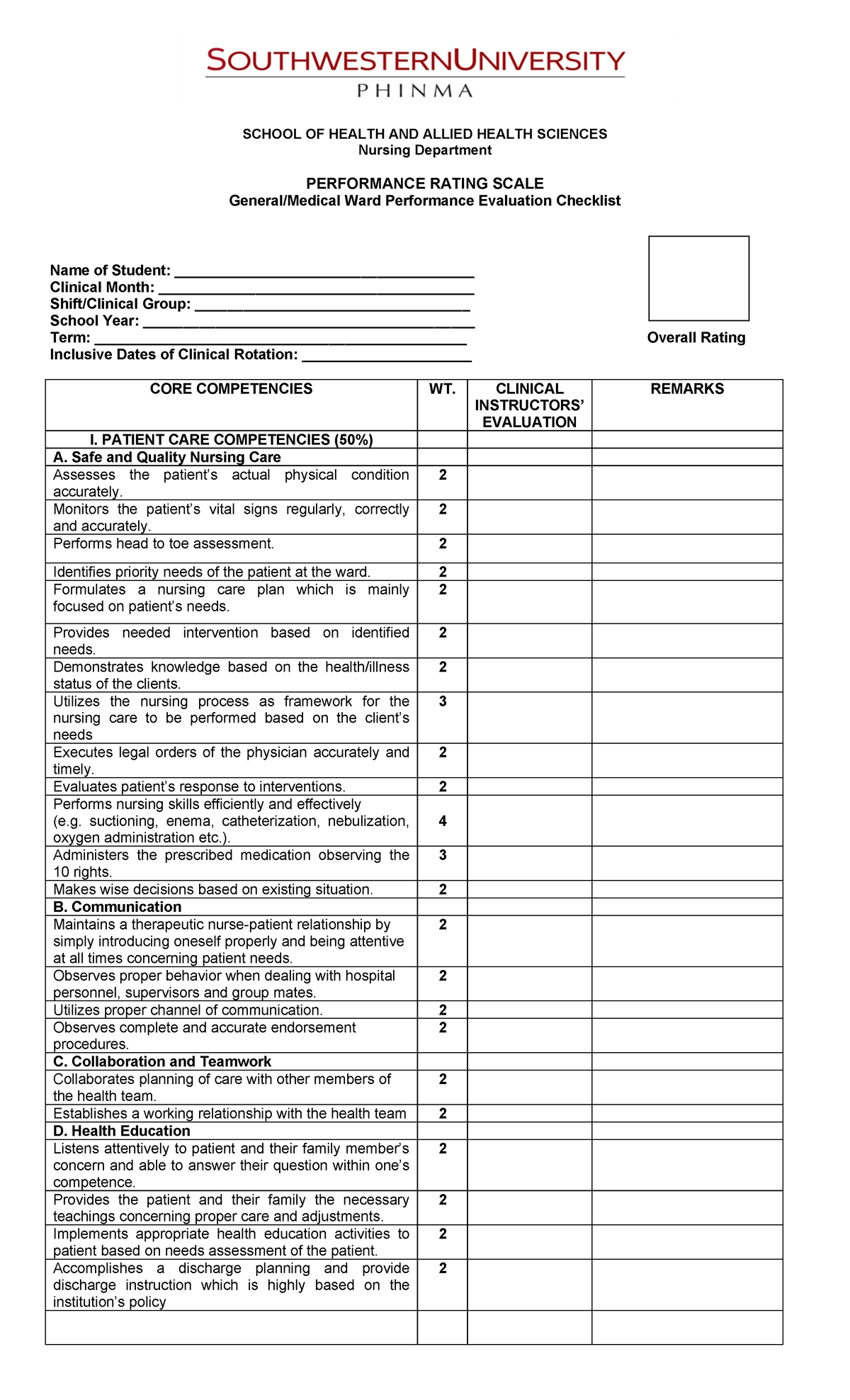 General Medical Ward Performance Evaluation Checklist (NUR-301) - Studocu