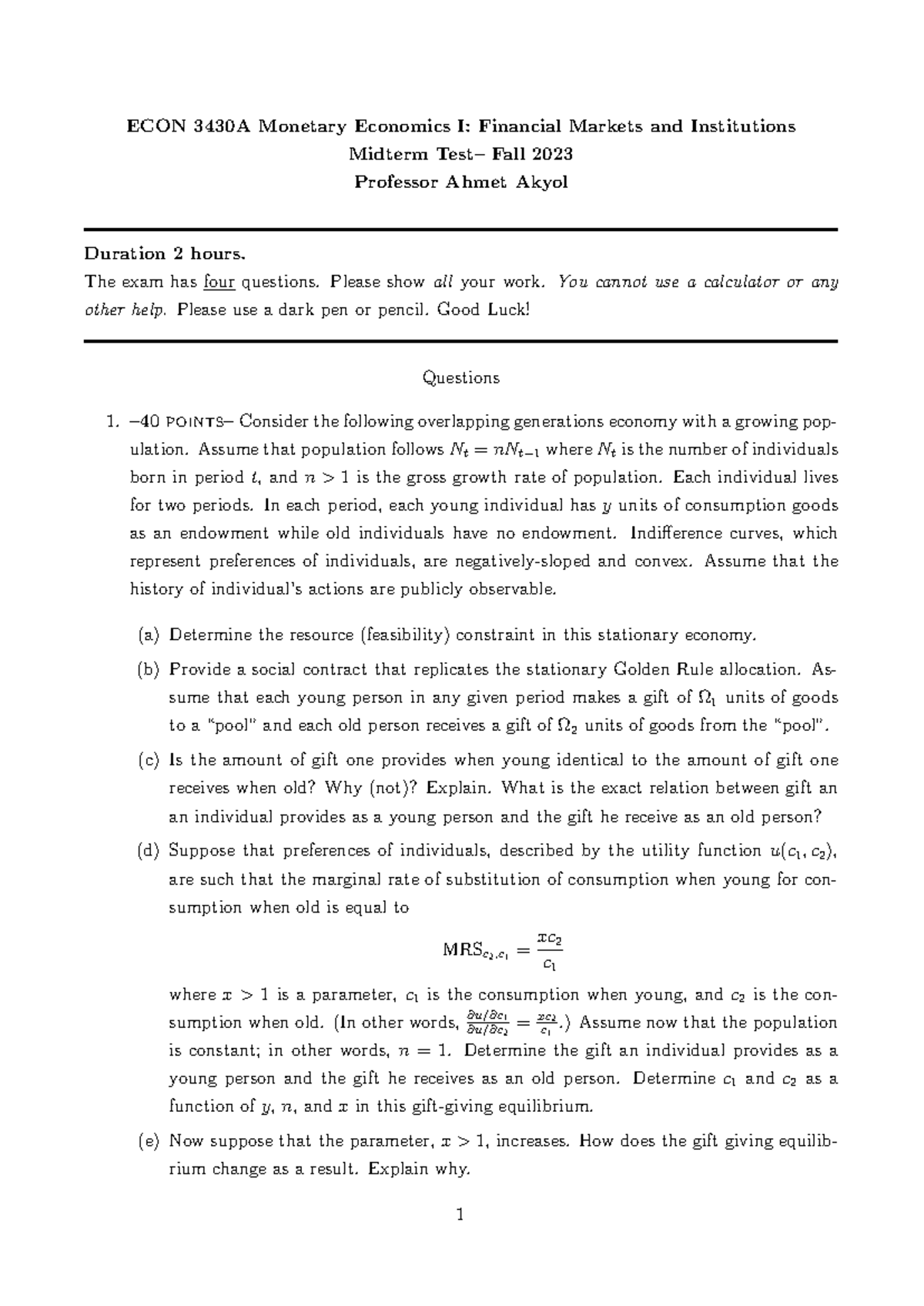 ECON 3430A Fall 2023 Midterm Exam: Monetary Economics I Questions - Studocu