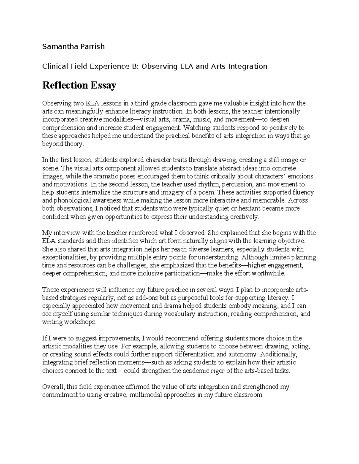 Clinical Field Experience B: ELA & Arts Integration Reflection Essay ...