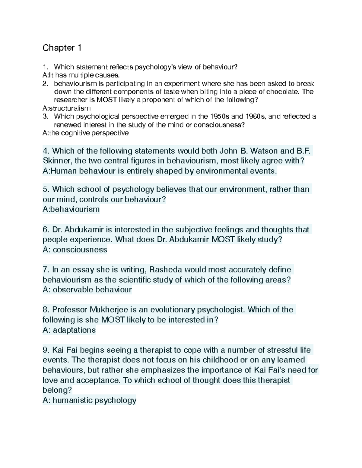 Chapter 1 Psychology Quiz - Key Concepts and Discussions - Studocu