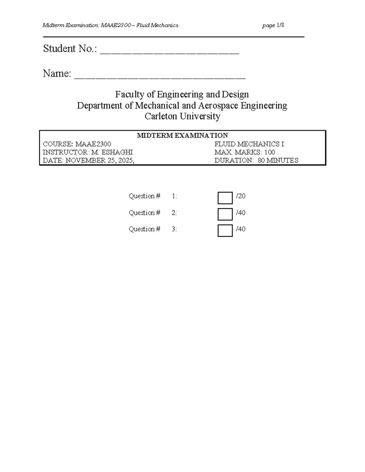Midterm Exam Solutions: MAAE2300 Fluid Mechanics - Studocu