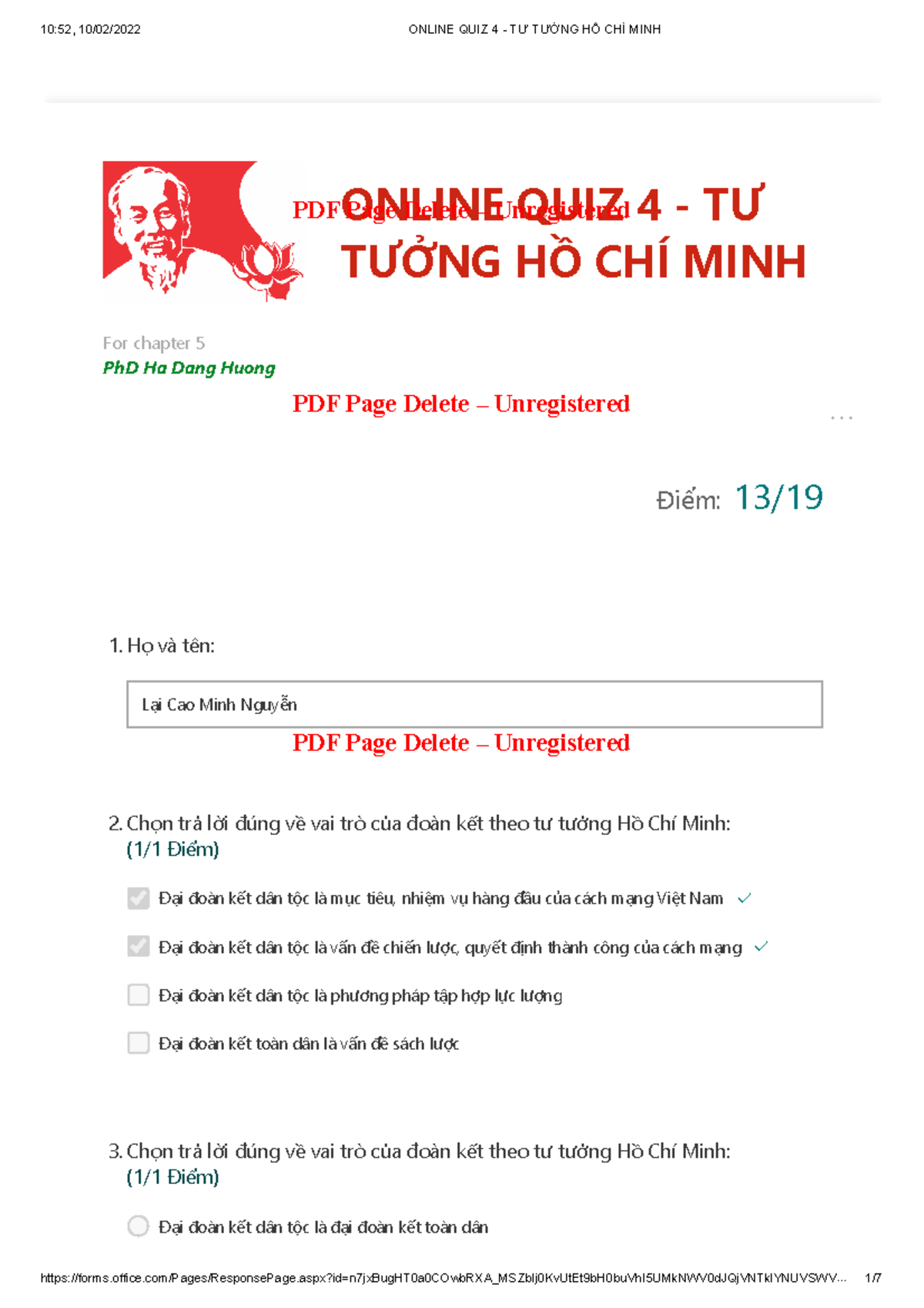 QUIZ 4 - Tư Tưởng Hồ Chí Minh: Đoàn Kết Dân Tộc và Lực Lượng - Document Preview