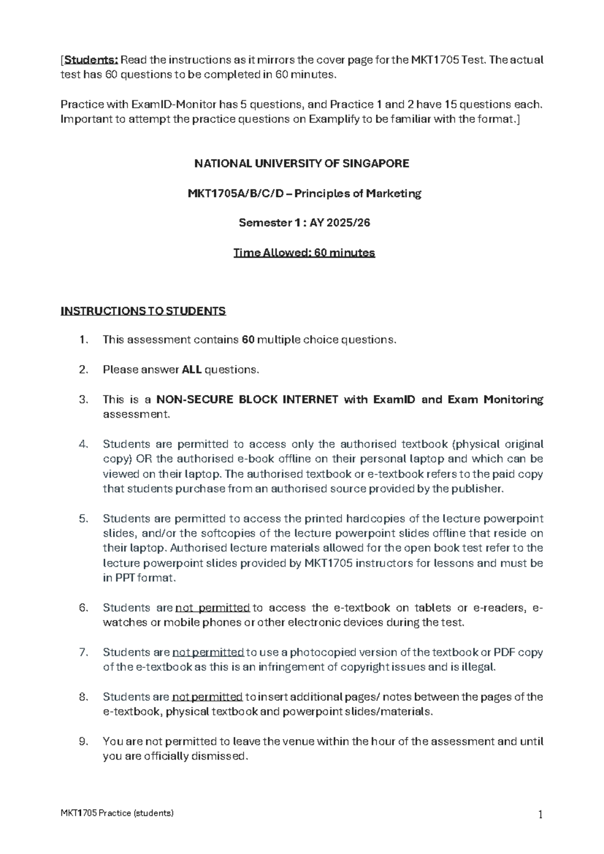 MKT1705 Practice Papers: Test Instructions & Sample Questions - Studocu