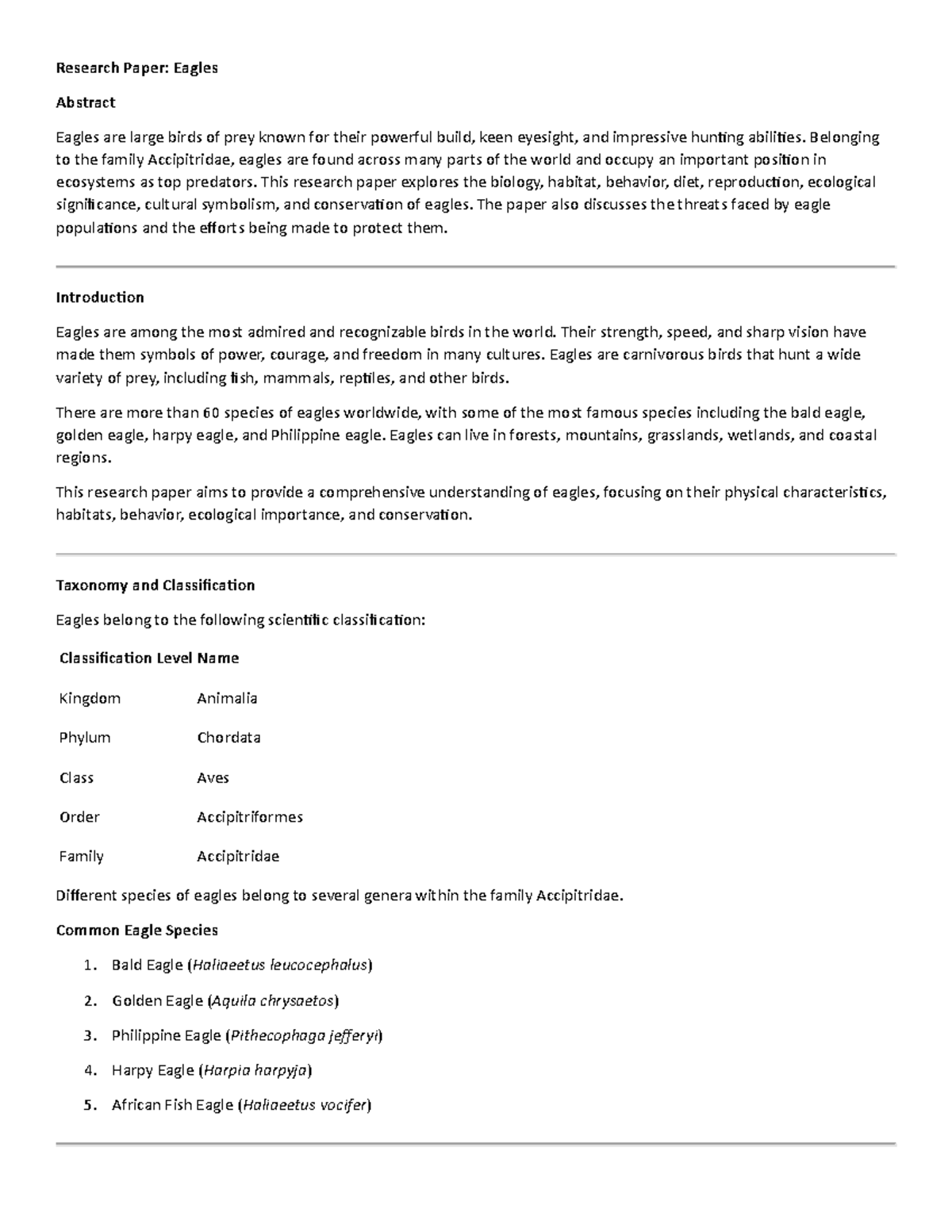 Research Paper: Eagles - Biology, Behavior, and Conservation - Studocu