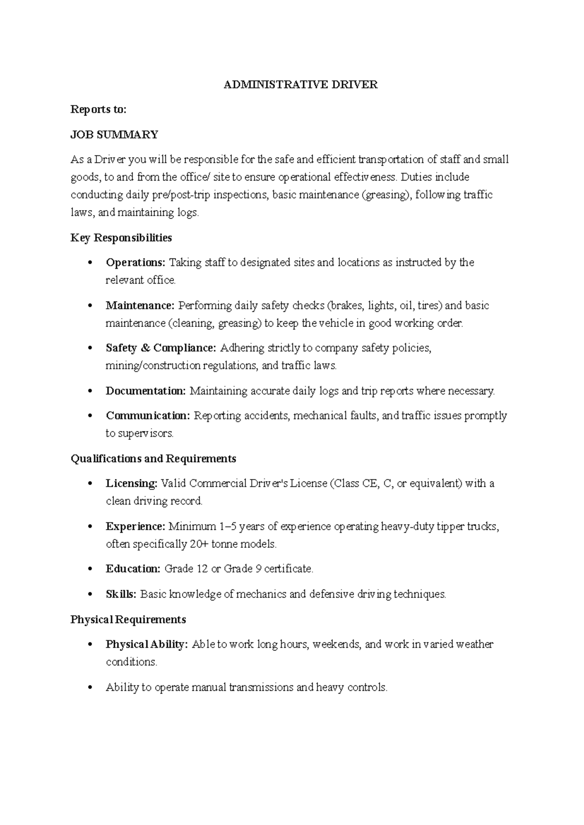 Administrative Driver Job Summary and Responsibilities - Studocu