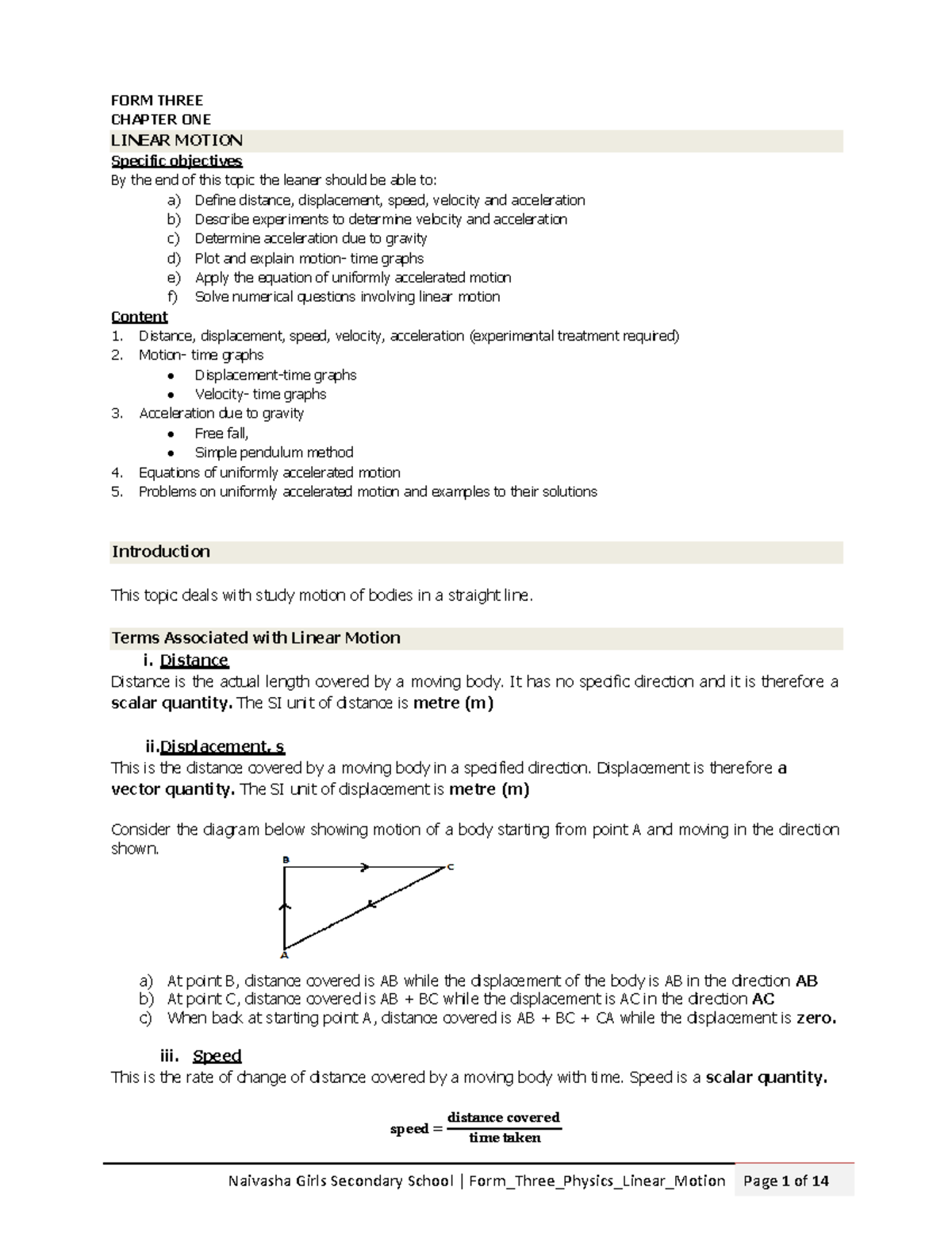 232 F3 Chapter 1: Understanding Linear Motion Concepts - Studocu