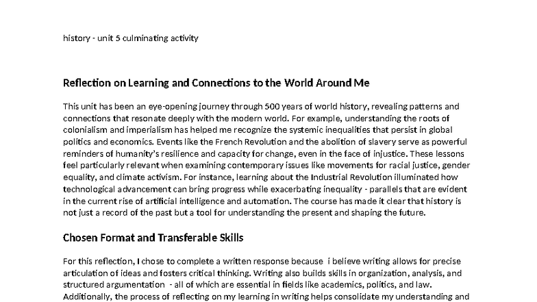 History U5 Culminating Activity: Reflection on Learning & Connections ...